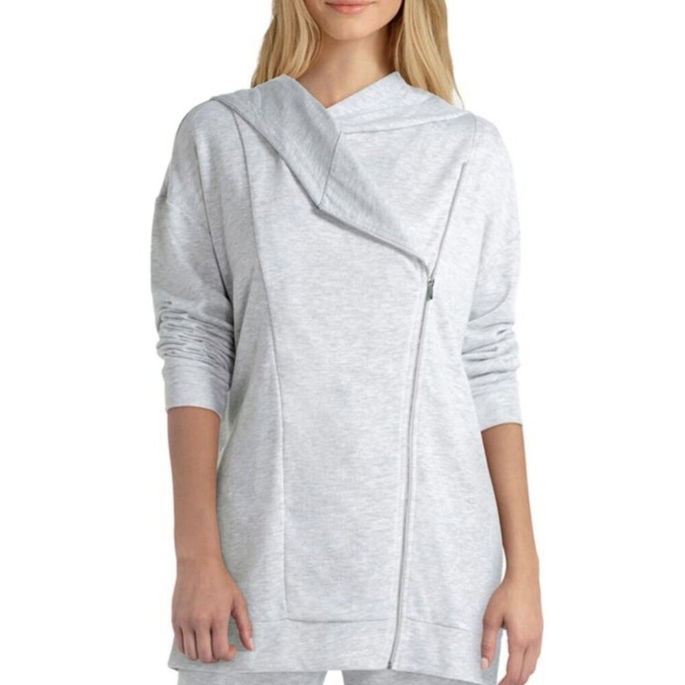 HALSTON Women Medium Gray Cardigan French Terry Knit Hooded Jacket Pockets New